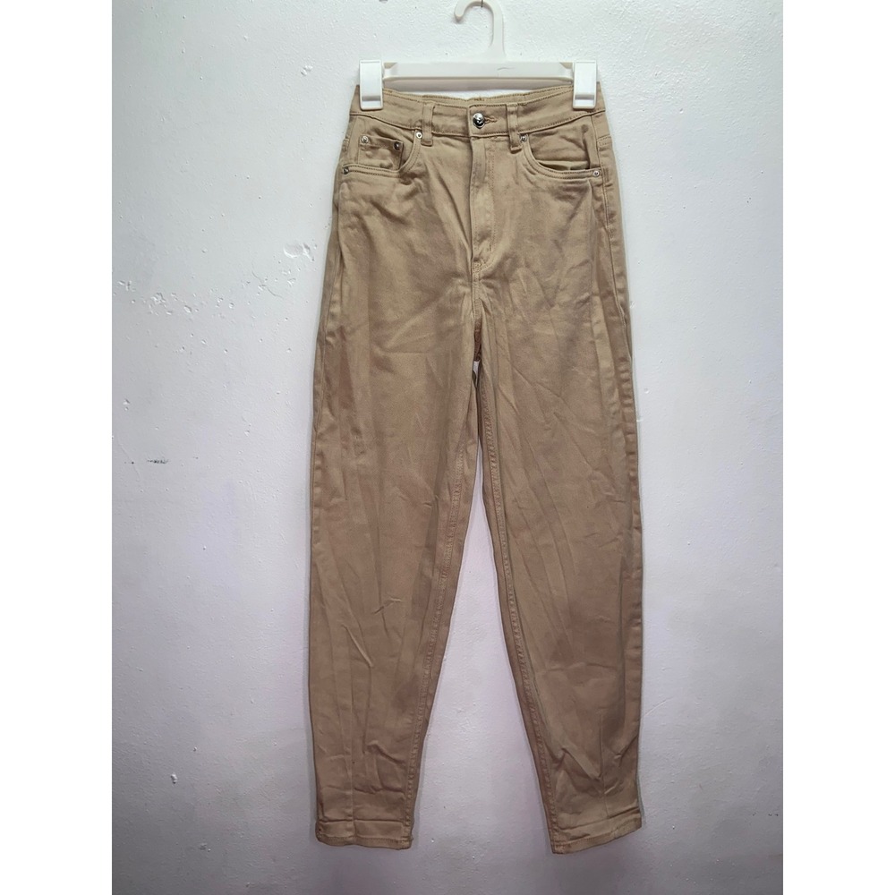H&M Divided Barrel Mom Jeans Tan Khaki High Waisted Tapered Leg Minimalist 2